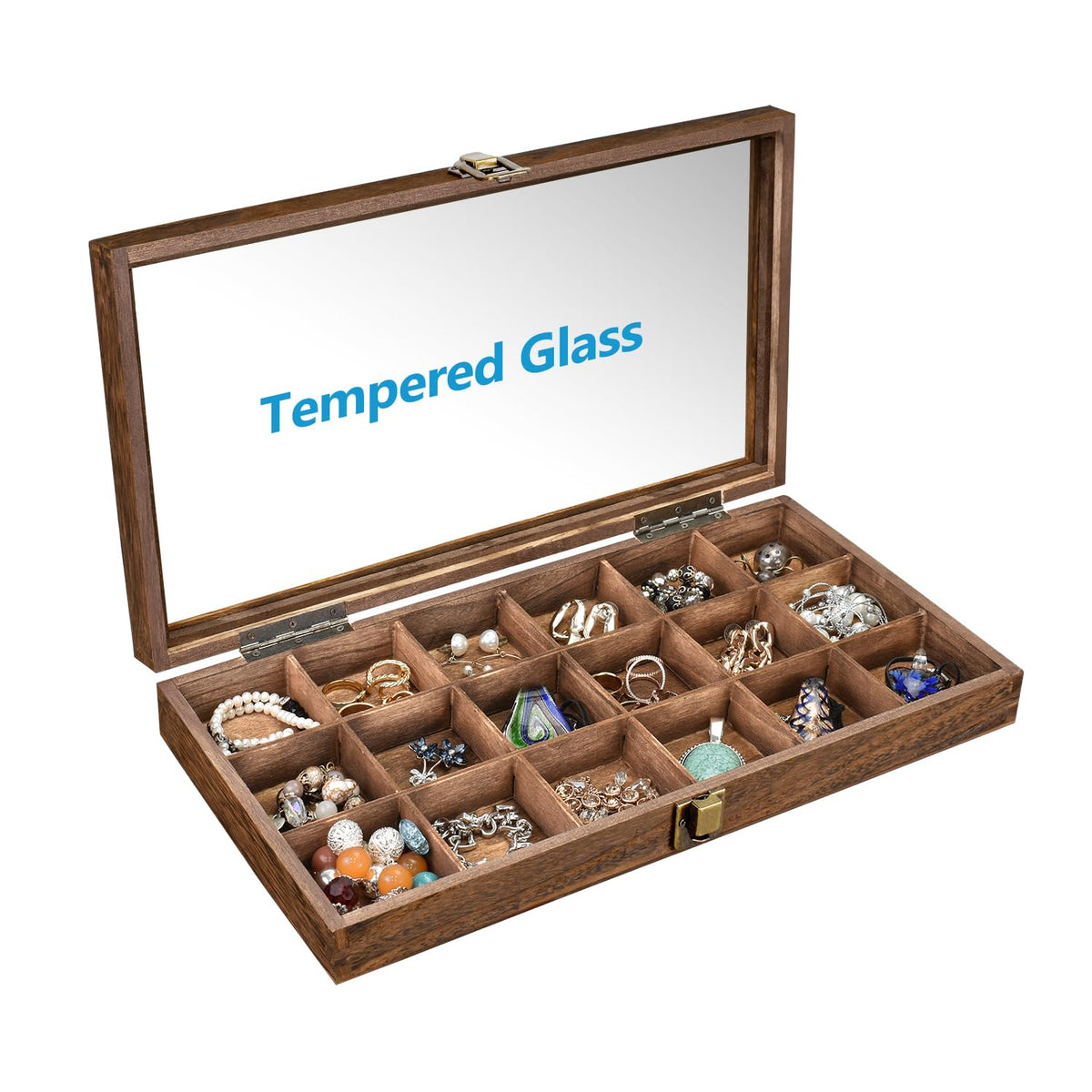 MOOCA Wooden Jewelry Display and Beads Display Storage Case with Tempered Glass Lid , 18 Compartments, 15" W x 8 3/8" L x 2 1/8" H, Brown Color