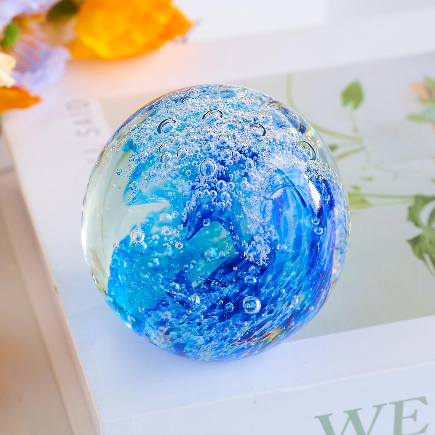 XLSJGYP Crystal Ball Blown sea Glass Art Ornament Collectible Paperweight Figurines Spere Statues for Home Office Decor a Gift for Ocean Lovers Perfect for Men Women (Sky Blue-Crystal Ball)