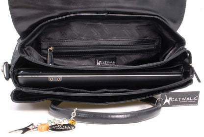 Catwalk Collection Handbags - Women's Leather 17 Inch Padded Laptop Bag - Ladies Large Briefcase Work Bag - With Cross Body Strap - Helena - Black