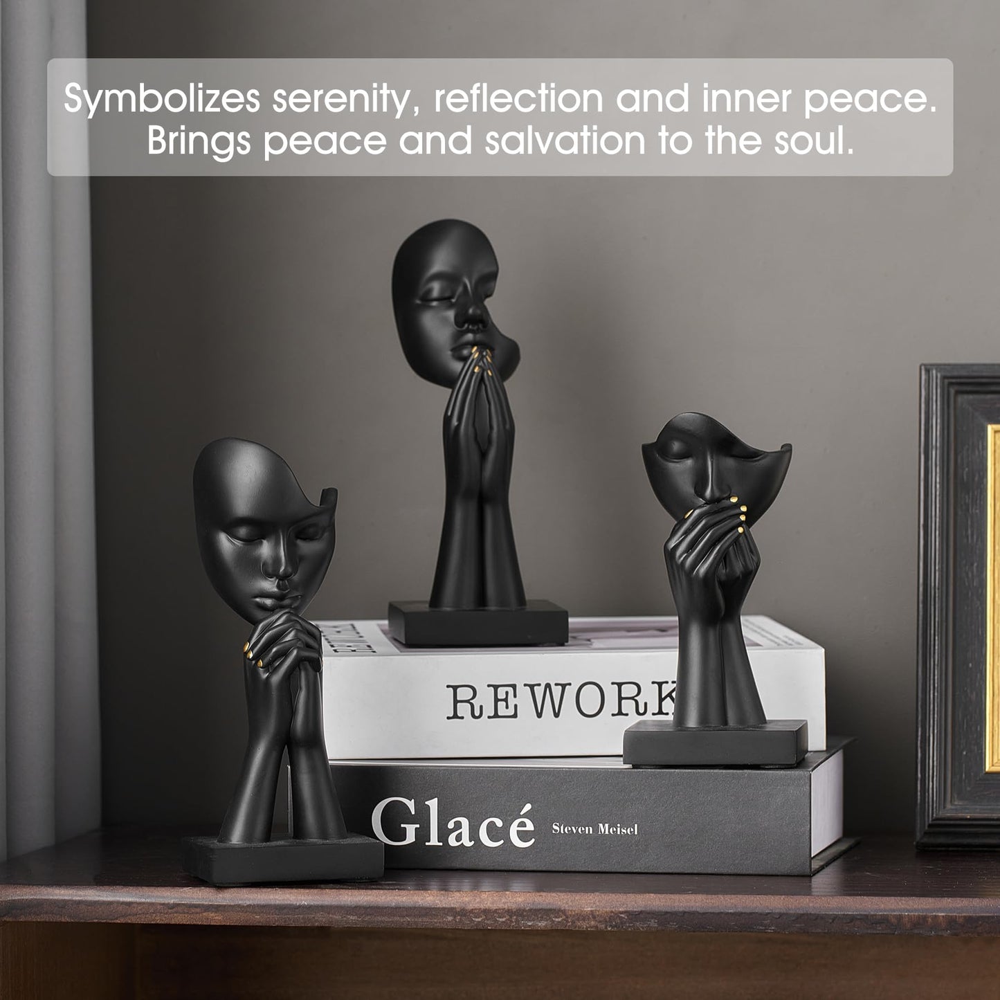 3 Pcs Black Decor Prayer Statues, Modern Prayer of Peace Figurines Shelf Decor Accents, Abstract Art Sculpture Home Decorations for Living Room Bedroom Office Bookshelf Coffee Table, Gifts for Women