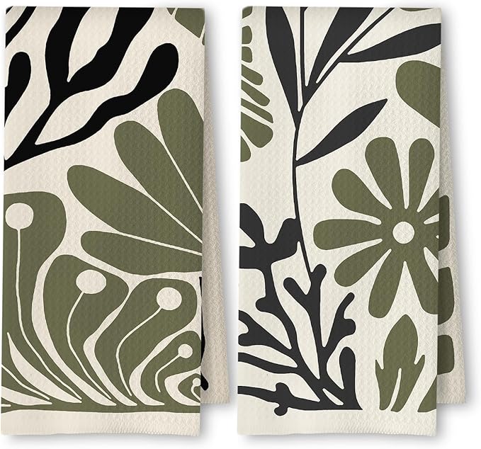 Abstract Green and Black Boho Floral Kitchen Towels Set of 2, 70s Retro Groovy