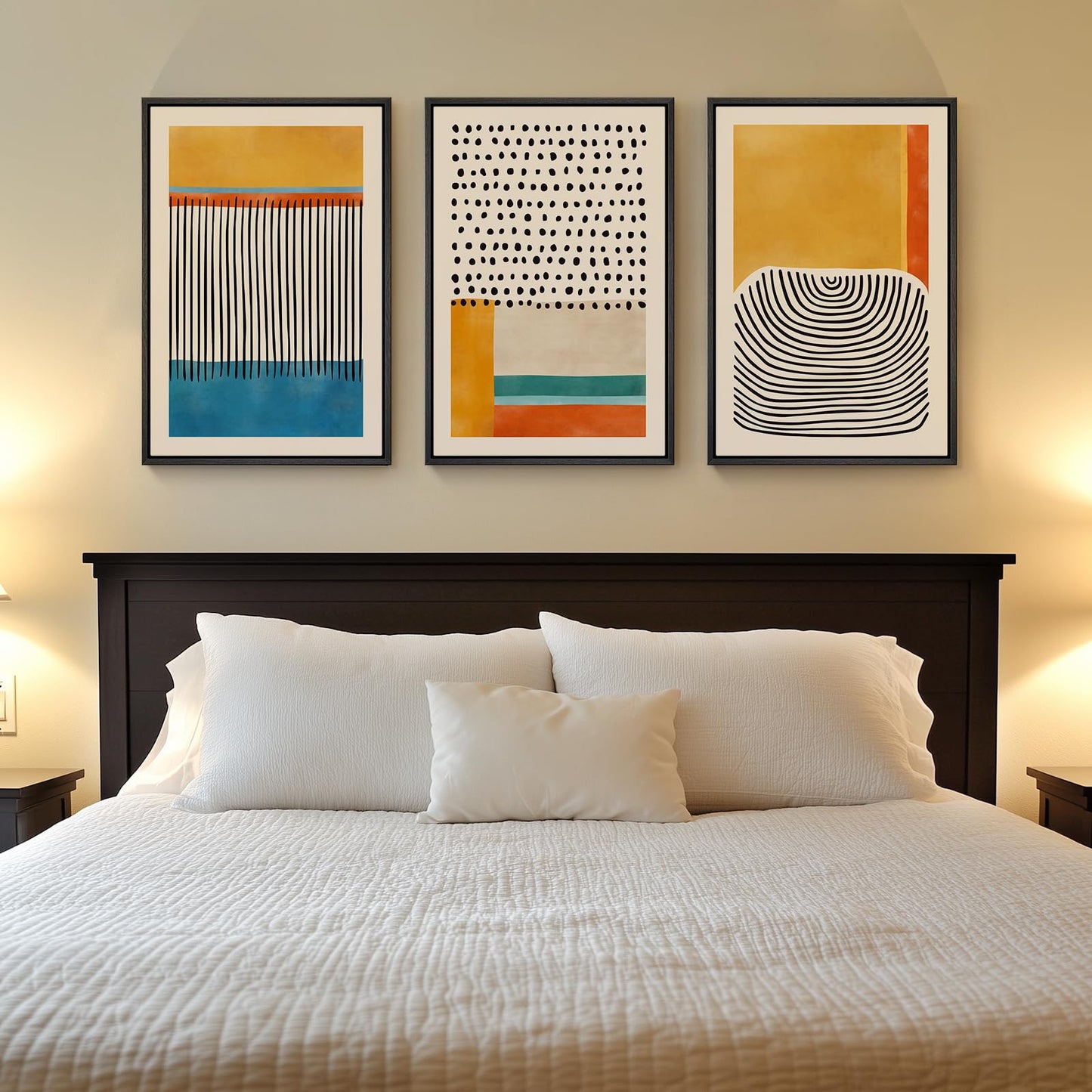 Framed Boho Sage Green Wall Art for Living Room, Large Mid Century Modern Tropical Leaf Canvas Artwork for Walls, 3 Piece Beige Orange Bohemian Wall Art Prints for Bedroom Kitchen Hallway, 16x24 Inch
