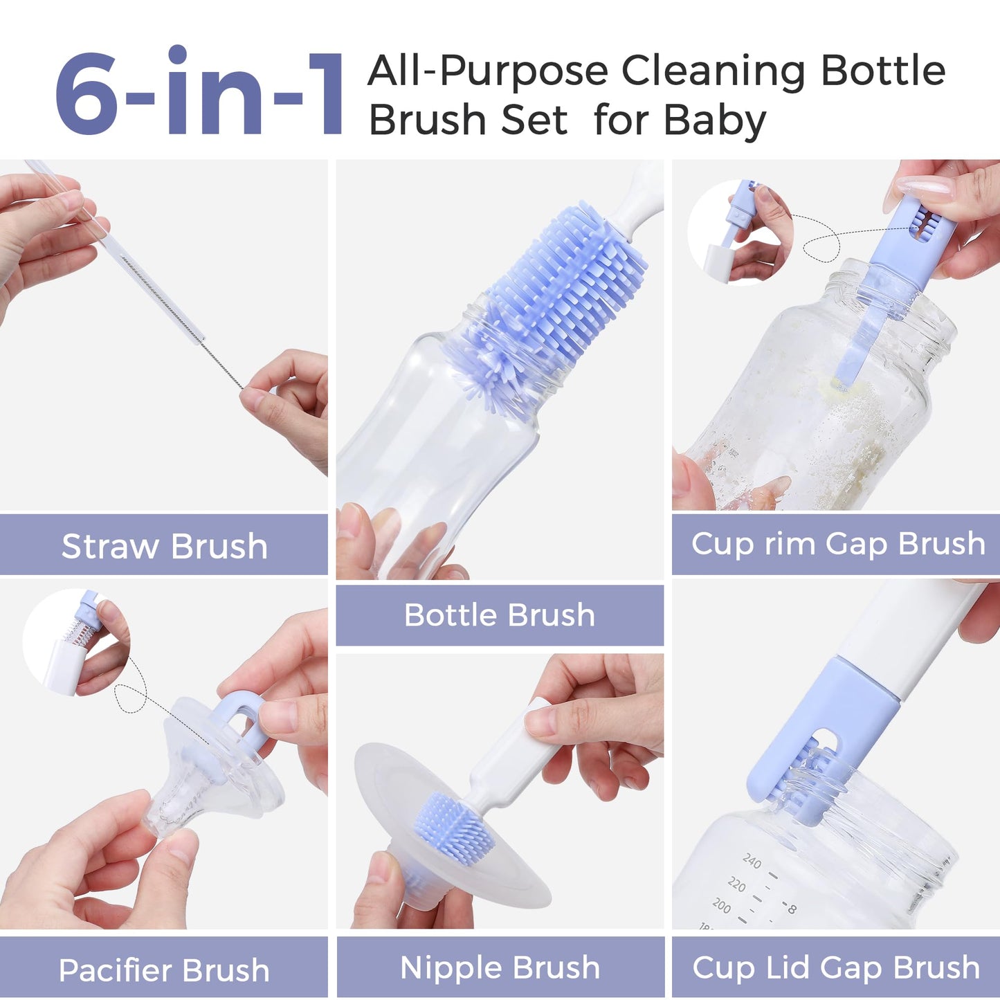 Baby Bottle Brush Set,8 in 1 Magnetic Design Cleaner Bottle Brush Kit with Silicone Brush,Drying Rack for Baby Bottle, Breast Pumps,Nipples - Home&Travel Gift for New Parents