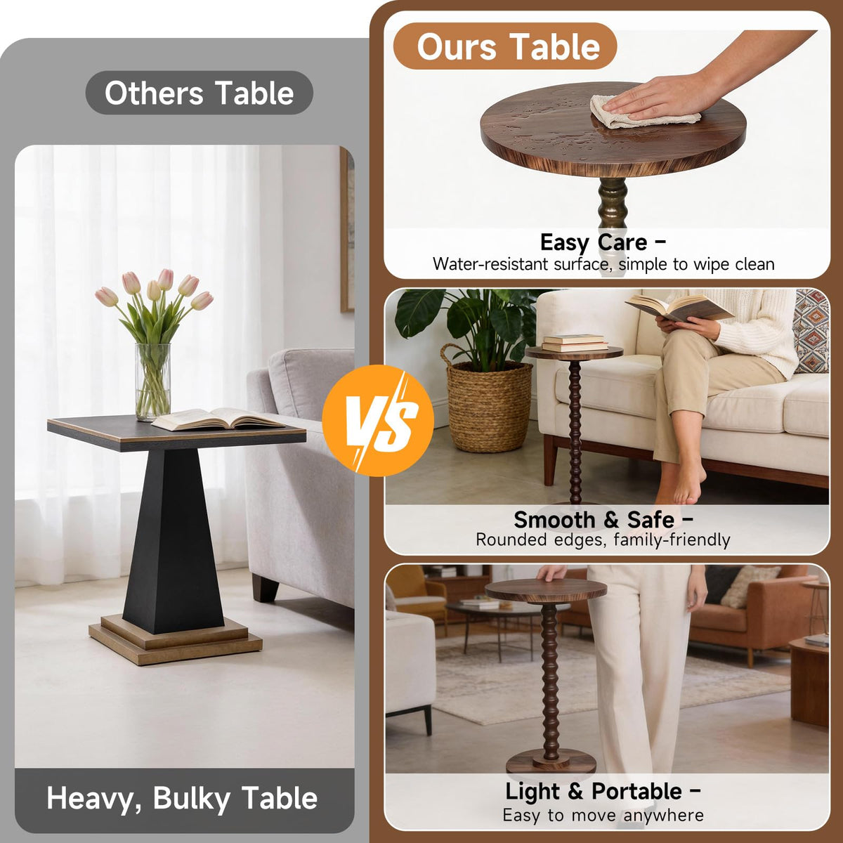 Round Side Table, Walnut Martini Drink Table for Small Spaces, Modern Pedestal Accent Tables with Wooden Leg, Small Round End Tables for Living Room, Bedroom, Balcony, Sofa Couch