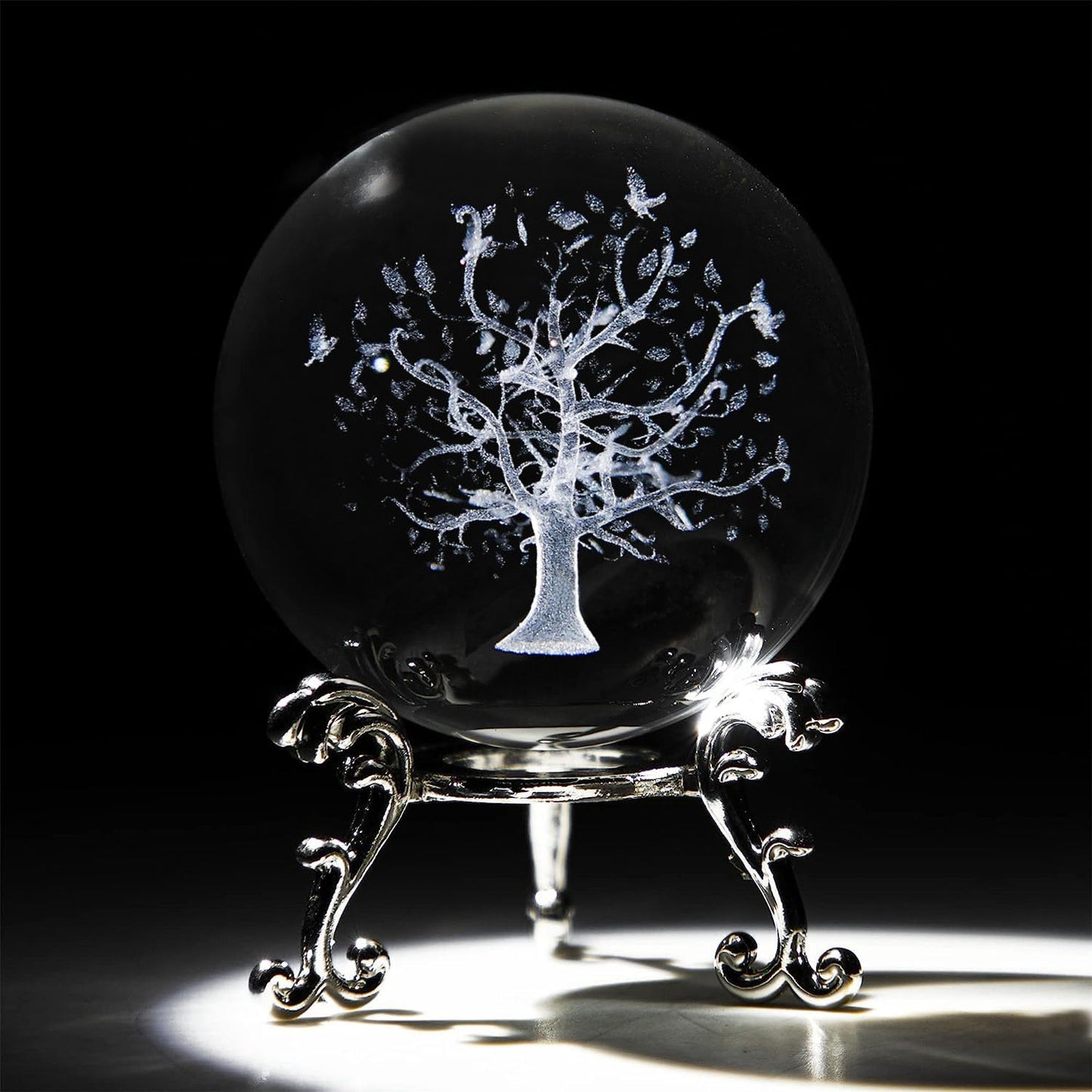 60mm Tree of Life Crystal Ball with Stand 3D Laser Engraved Life Tree Figurine Crystal Paperweight Decoraive Quartz Glass Ball Sphere Home Decor Table Craft