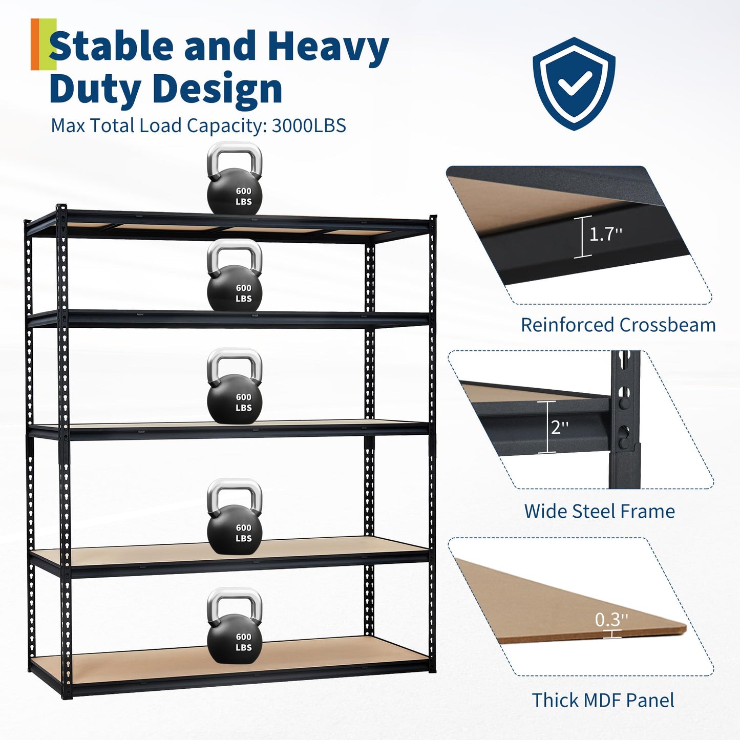 GarveeTech 5 Tier Garage Shelving, Adjustable Heavy Duty Garage Shelves, Metal Storage Shelves Unit, 60 x 24x 72in,Loads 3000 LBSS, Steel Wire Rack Shelf Organizer for Garage, Kitchen, Laundry, Office
