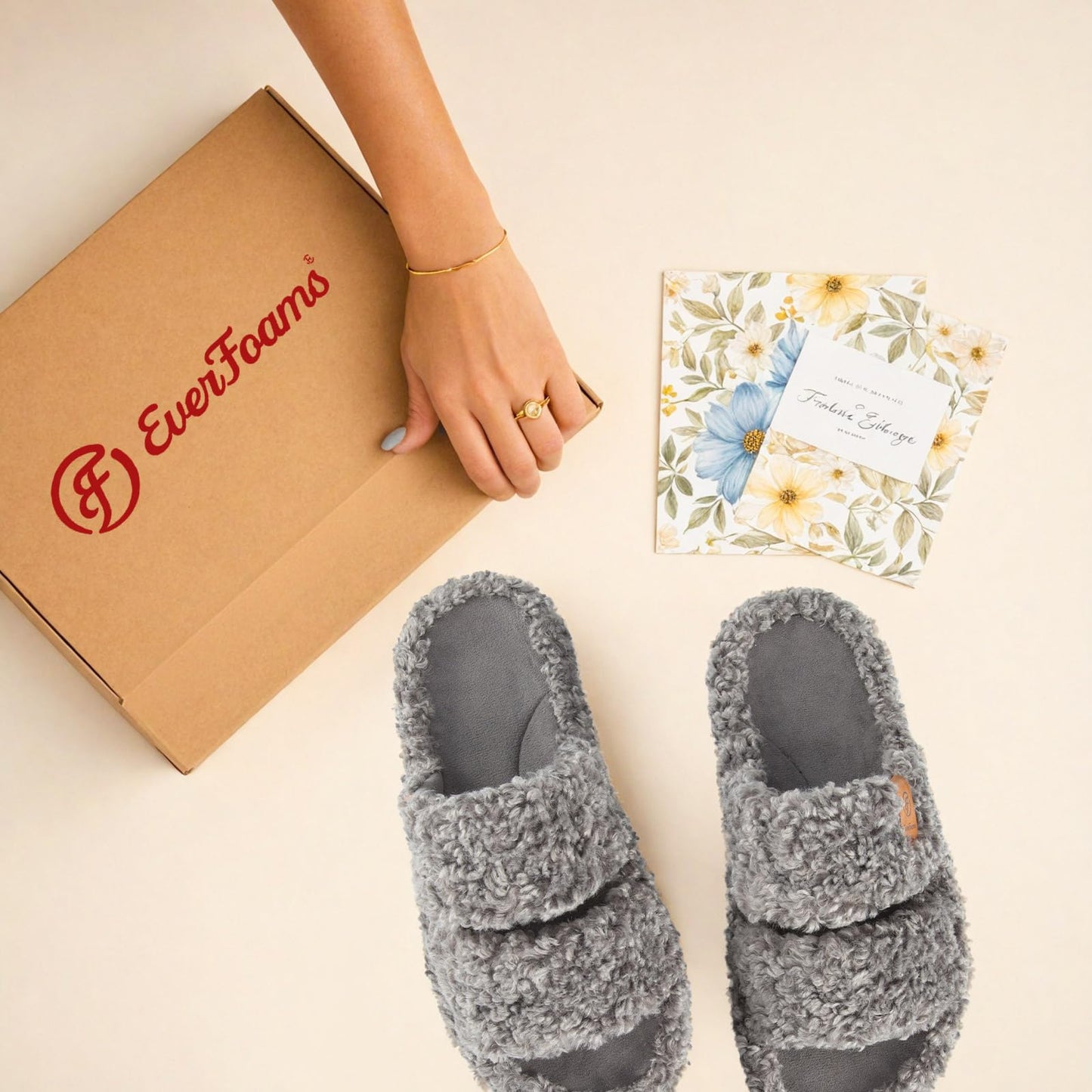 EverFoams Womens Fuzzy Open-toe Slippers Soft Comfy Memory Foam Indoor House Shoes Cool Gray,7-8 US