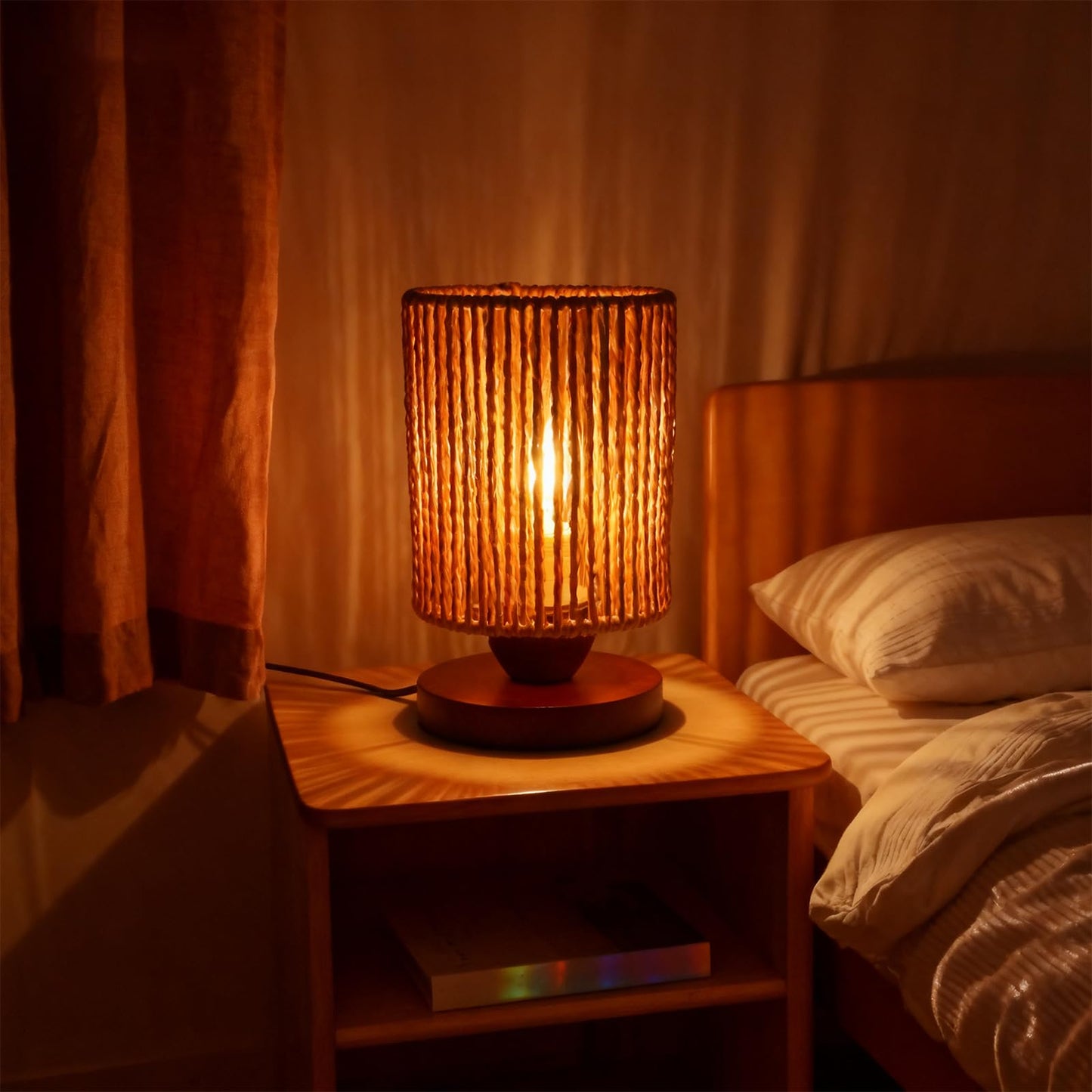 Handmade Rattan Lamp Boho Table Lamp for Bedroom, Small Woven Lamps for Night Stands with Warm White LED Bulb, Coastal Boho Lamp for Living Room Reading Nook Office Desk, 12cm Shade 20cm Height