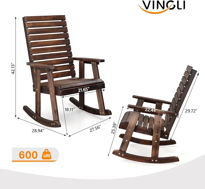 VINGLI Wooden Rocking Chair with High Backrest, Solid Fir Wood, Heavy Duty 600 LBS Patio Rockers for Indoor and Outdoor, Garden, Yard, Patio, Rustic