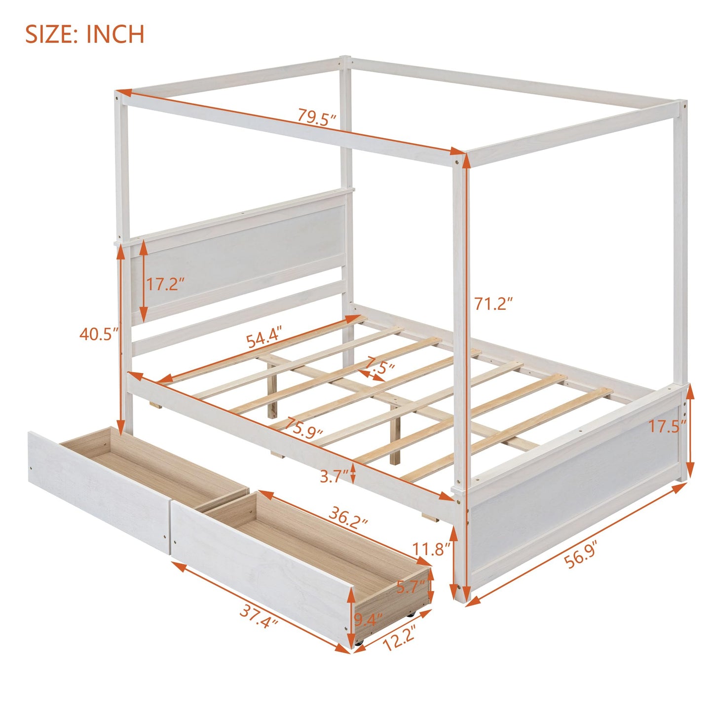 GDFStudio Full Size Canopy Bed Frame with 2 Storage Drawers, Solid Pine Wood Platform Bed Frame Full Size with Headboard Slat Support, Canopy Full Size Bed Frame, No Box Spring Needed, Brushed White