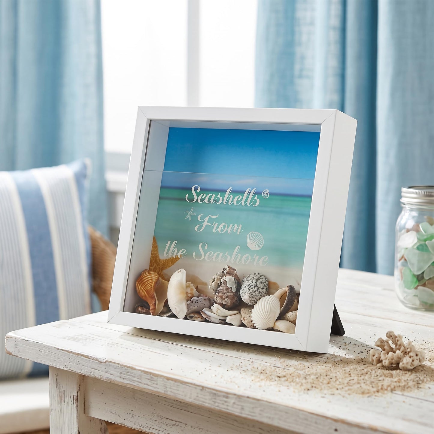FramePro 8"x8" Seashell Holder Display case-Seashells Agates Shark Teeth Starfish Trinke, Seashell Collection Box Decorative Shadow Box with Real Glass ,Wall Mount or Tabletop (White)