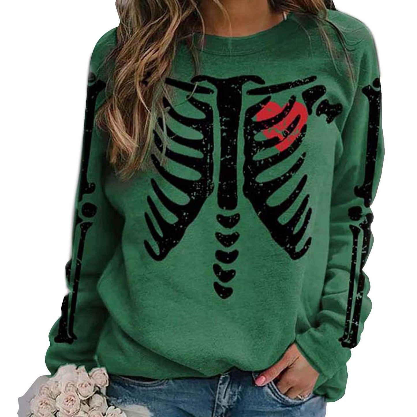 Sumtory Women Skeleton Print Sweatshirt Funny Halloween Pullover Tops Green M (STNHD210002GR-XL)