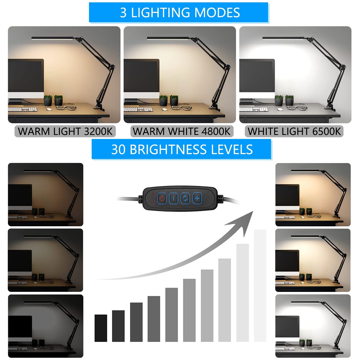 SKYLEO LED Desk Lamp with Clamp - LED Desk Light for Office - 3 Color Modes X 10 Brightness Levels - 1100LM - Memory Function - 12W Study Lamp - Black