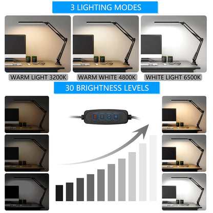SKYLEO LED Desk Lamp with Clamp - LED Desk Light for Office - 3 Color Modes X 10 Brightness Levels - 1100LM - Memory Function - 12W Study Lamp - Black