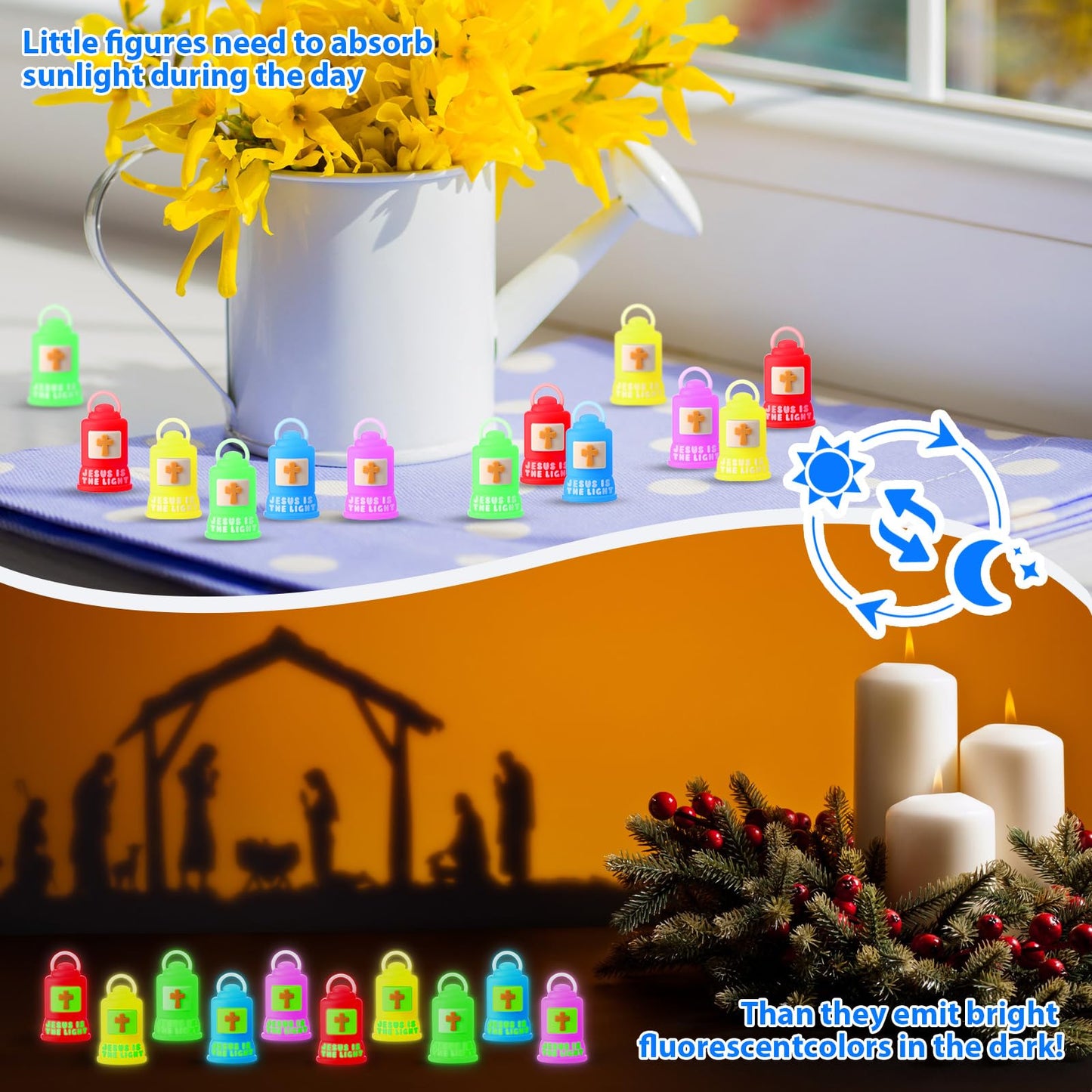Halloscume 100 Pcs Vbs 2026 Jesus is The Light Lanterns Figures Glow in Dark Jesus Lights The Way Sign Christian Religious Gift Hide and Seek Sunday School Favor (Partially Glowing,Multicolor)