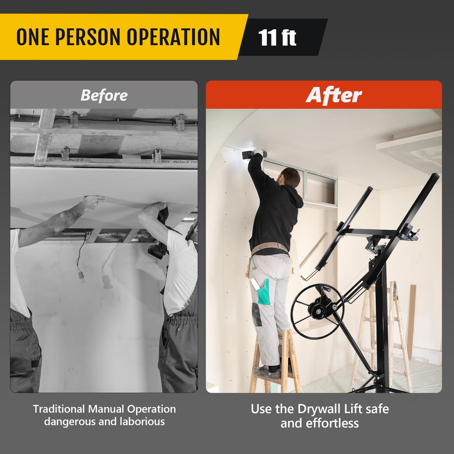 Drywall Lift, 150lb Drywall Lift Jack with Wheels - 11FT Adjustable Steel Sheetrock Hoist for Ceiling & Wall Installation - Heavy Duty Panel Lifter for Pros & Homeowners