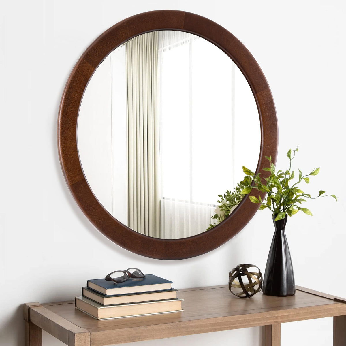 CULER Round Mirrors 30 Inch,Wood Vanity Wall Rustic Mirror with Walnut Frame, Wooden Mirror for Bathroom Bedroom Living Room Or Entryway(Walnut Brown)