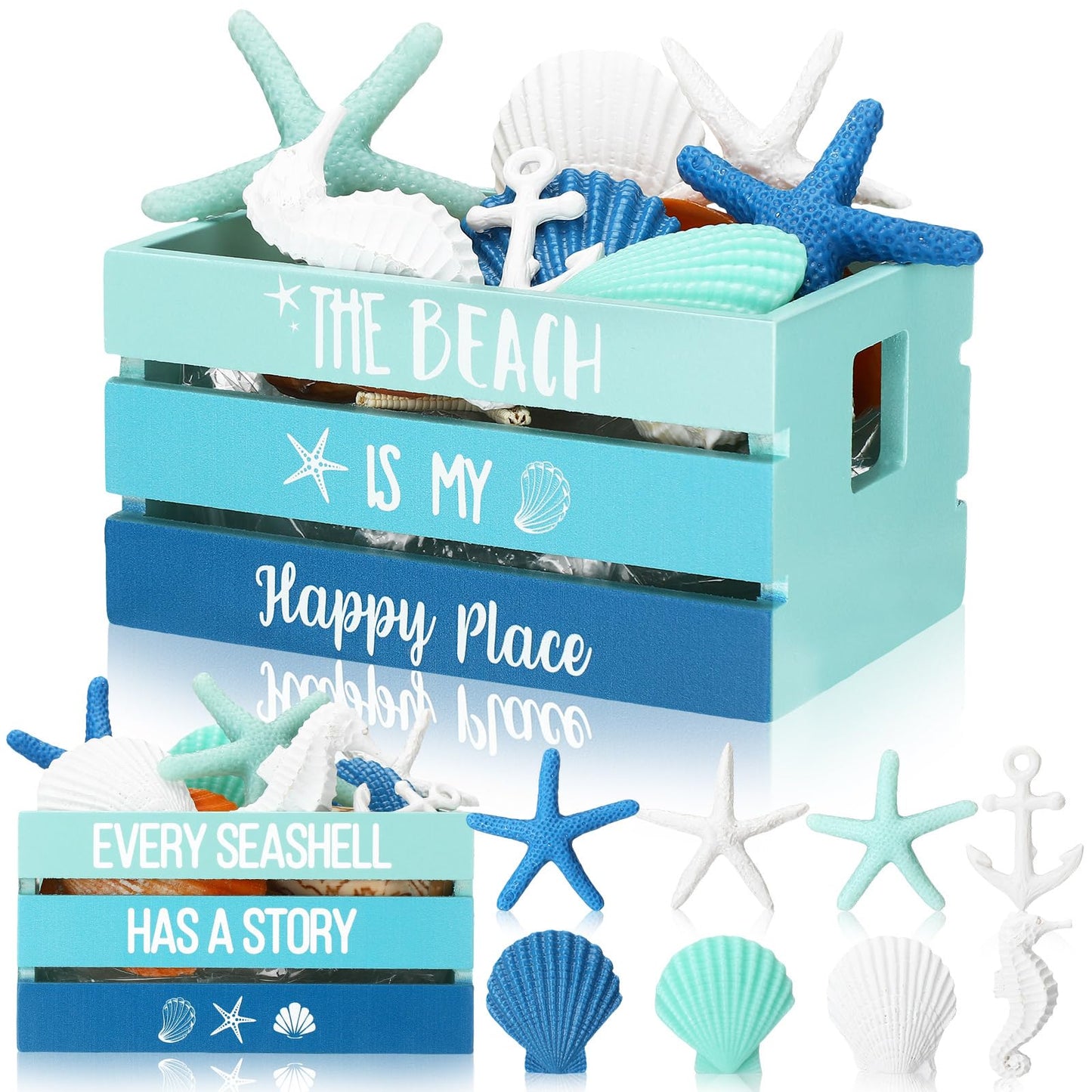 Maitys Beach Summer Table Decor Tiered Tray Decor Coastal Mini Wood Crate with 8 Starfish Shell Decoration, Farmhouse Table Centerpiece Rustic Nautical Decoration for Home Office Bathroom Shelf Mantel