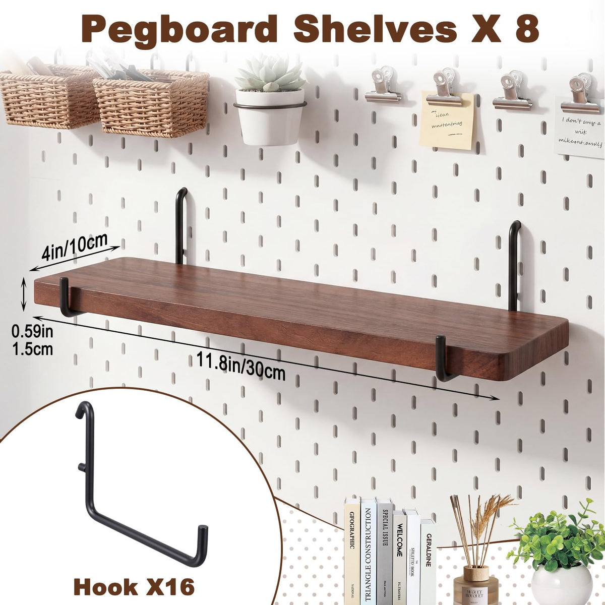 Novabright 8 Pcs Walnut Color Pegboard Shelves Set with Metal Brackets Hooks 11.8 x 4'' Wall Wooden Pegboard Shelving Heavy Duty Accessories for Crafts Office Garage, Compatible with IKEA Skadis