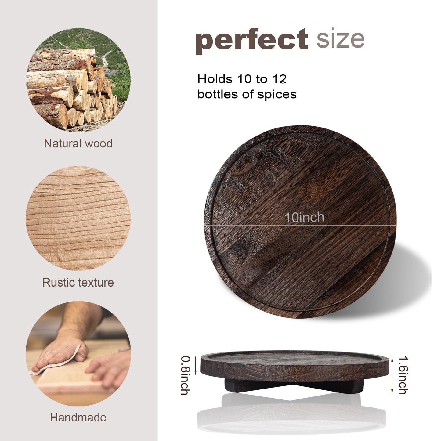Round Decorative Tray Wood Bathroom Counter Organizer Farmhouse Kitchen Decor Wooden Riser for Soap Dish, Perfume, Candle, Sponge, 10" - Dark Brown