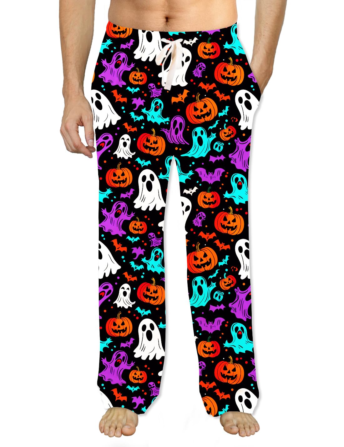 Soophiea Mens Halloween Pajama Pants Pumpkin Ghost Bat Printed Pj Pants Lounge Bottoms XX-Large
