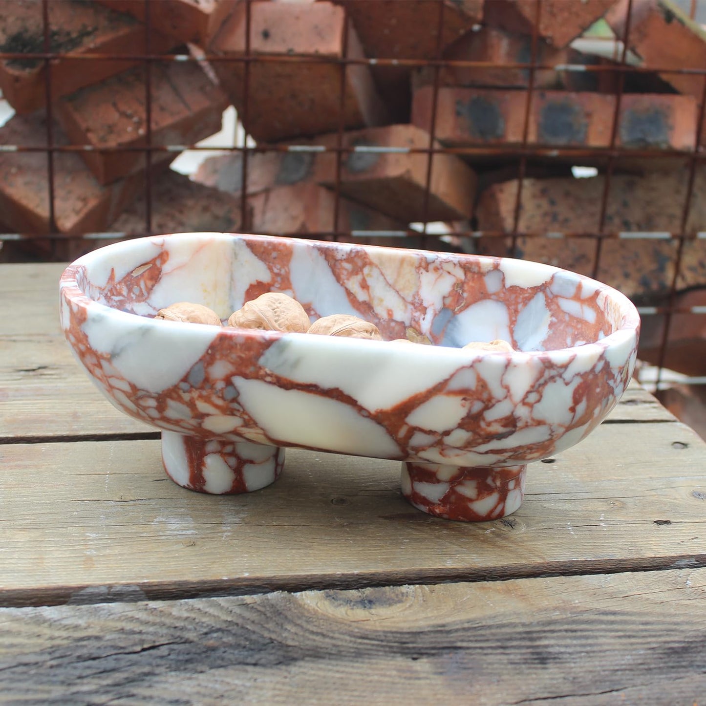 Nawgnail Natural Oval Calacatta Red Marble Fruit Bowl for Kitchen Counter 10", Large Decorative Bowl Two-Legs for Home Decor, Fruits Holder For Dining Table - Kitchen Organization