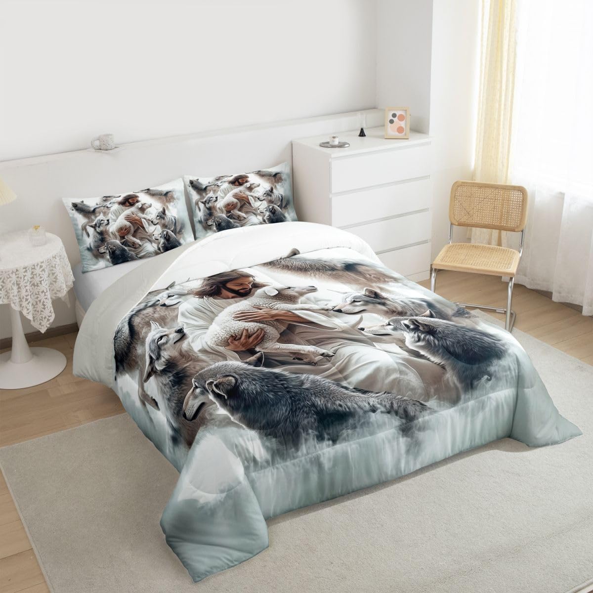God and Lamb Kids Comforter Set Twin Size,Saving the Lost Sheep Western Bedding Set Boy Girl Room Decor,Bible Verse Spiritual Quilt Comforter,White Gray Duvet Set Bedroom Quilt Set,1 Pillowcase