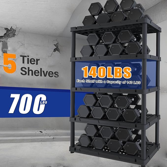 Plastic Storage Shelves, Plastic Heavy Duty Shelves 16.93" D x 35.43" W x 72.44" H,5-Tier Garage Storage Shelving, Shelving Units and Storage