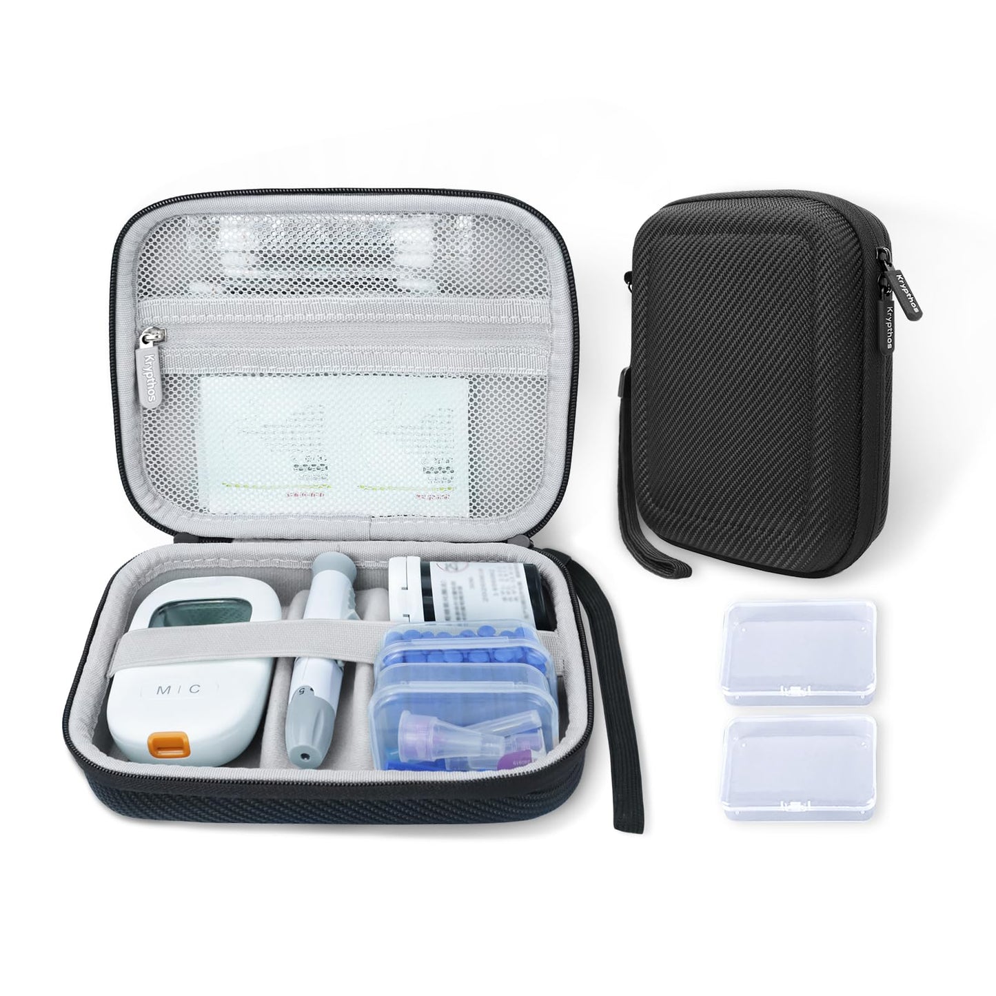Krypthos Diabetic Supplies Travel Case, Carrying Case for Diabetes Blood Glucose Meter, Portable Diabetes Testing Kit Storage Organizer Bag for Blood Sugar Test Strips, Lancets, Lancing Device-Black