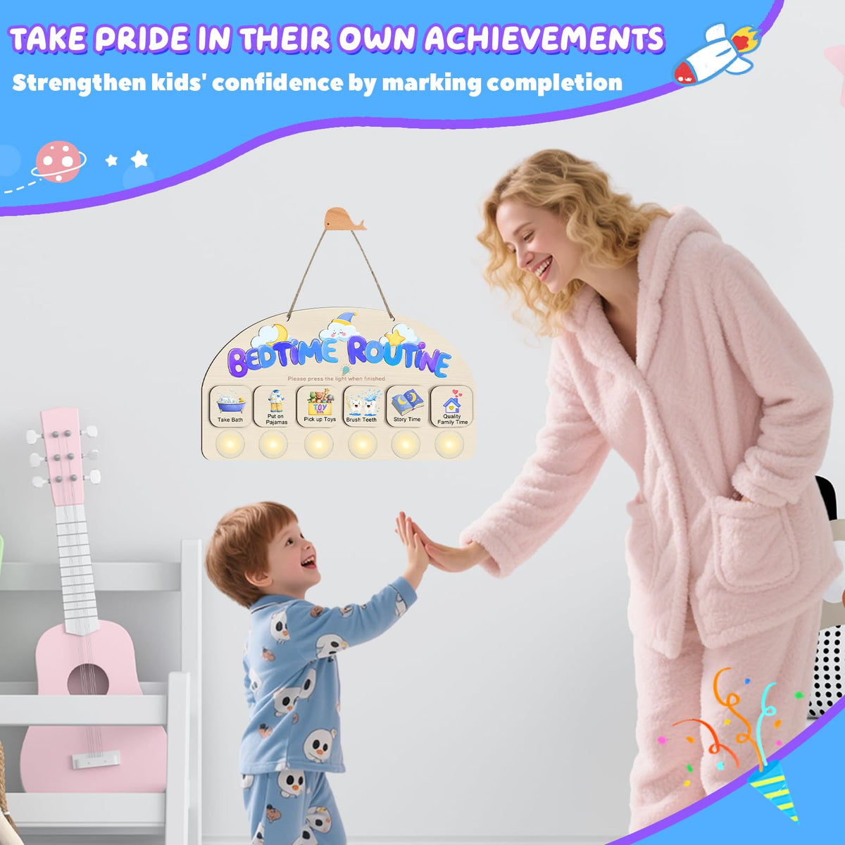 AINBIN Bedtime Routine Chart for Toddlers, Visual Schedule Chart Night to Do List with 6 Tap Lights & 10 Activity Cards Planning, Wooden Checklist Task Schedule Board for Kids, Autism, ADHD Planner