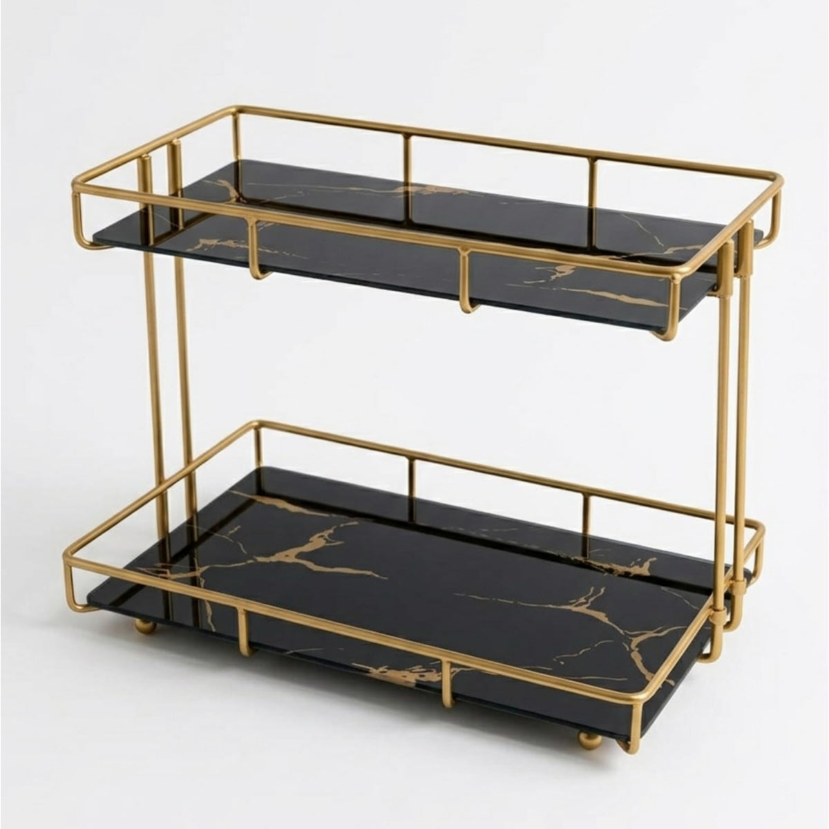 Léazora 2-Tier Black Marble Bathroom Countertop Organizer – Glass Shelves & Gold Metal Frame, Stylish Vanity Storage Shelf for Perfume, Skincare, Makeup & Toiletries