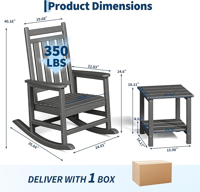 HDPE Rocking Chair Outdoor Set of 2 with Side Table - Poly High Back Porch Rocker Chairs for Adults - All Weather Resistant Furniture for Patio Front Porch - Gray