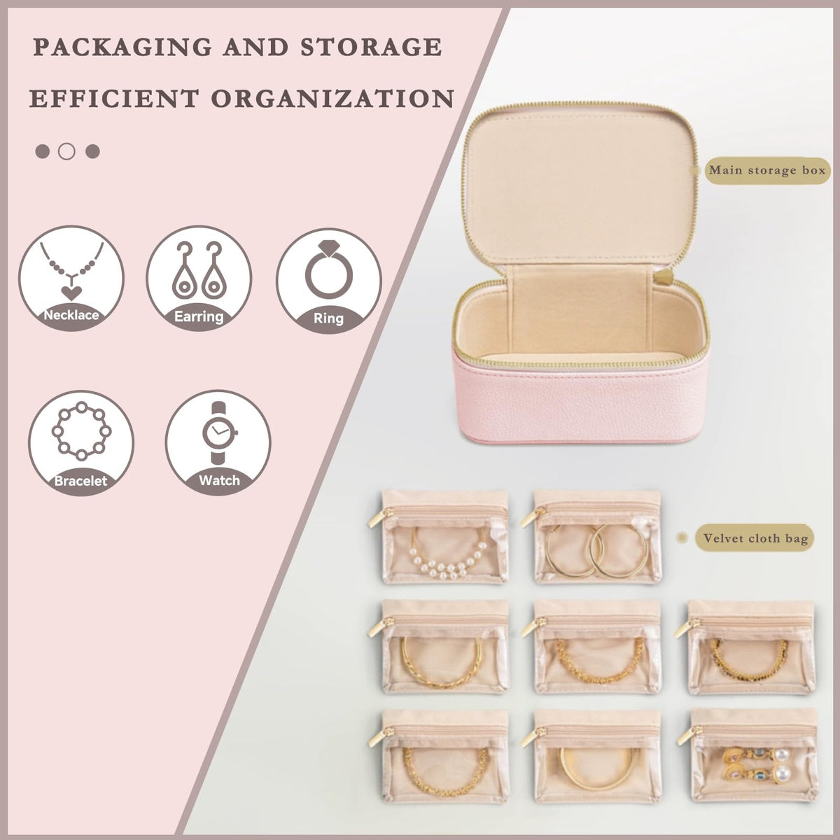 Jeonnfp Jewelry Box Organizer for Women,Small Travel Jewelry Case,Mini Travel Jewelry Organizer with 8 Velvet Jewelry Zipper Pouches, Jewelry Box Organizer for Christmas Birthday(Pink)