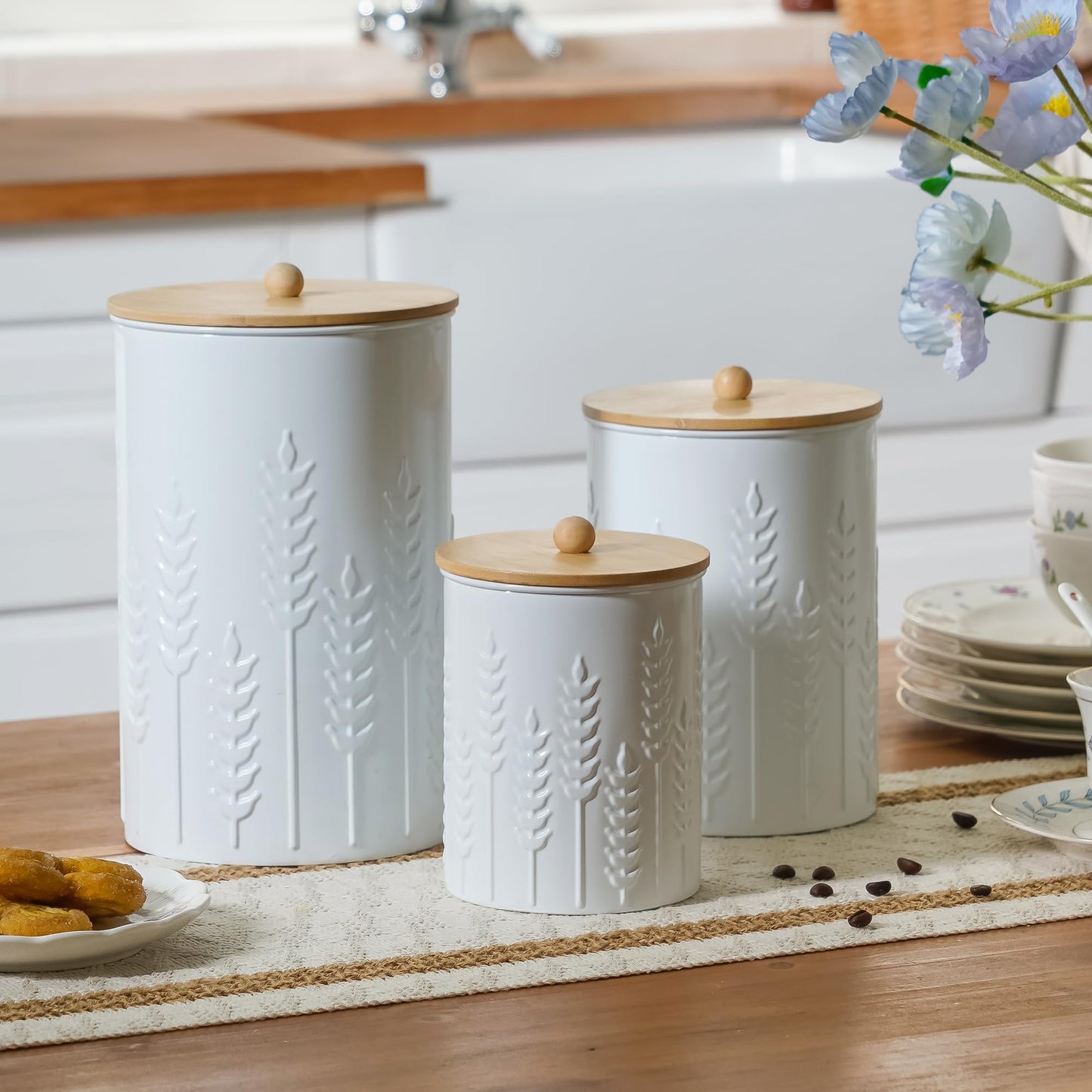 HOME PALETTE Kitchen Canister Set of 3 Tea Coffee Sugar Containers with Airtight Bamboo Lids Food Flour Storage for Countertop Metal White Ear of Wheat Pattern Embossed Farmhouse Decor
