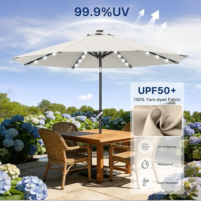 ABCCANOPY Durable Solar Led Patio Umbrellas with 32LED Lights 9FT (Light Beige)
