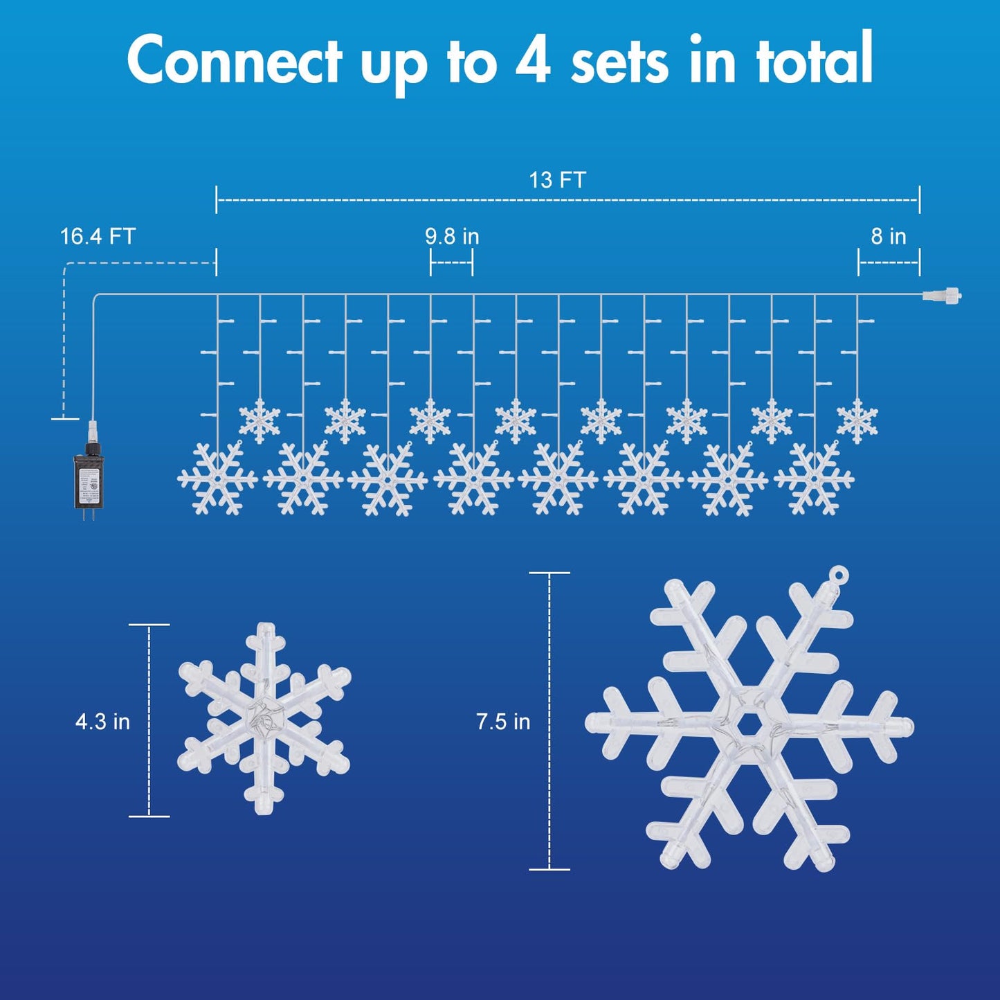 Minetom Christmas Snowflake Lights - 13ft 192LED Snowflake Icicle Lights with 16 Drops, 12 Modes and Timer, IP65 Waterproof Connectable Christmas Light for House Eave Window Indoor Outdoor Decoration