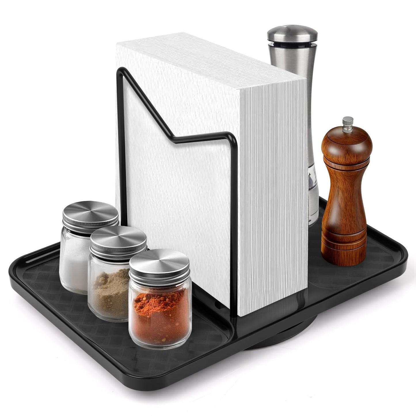 Rotating Napkin Holder for Table, Bamboo Standing Napkin Dispenser with Salt Pepper Shakers Caddy, Black Metal Paper Napkin Holders for Kitchen Dining Table Farmhouse Decor, Shakers Not Included
