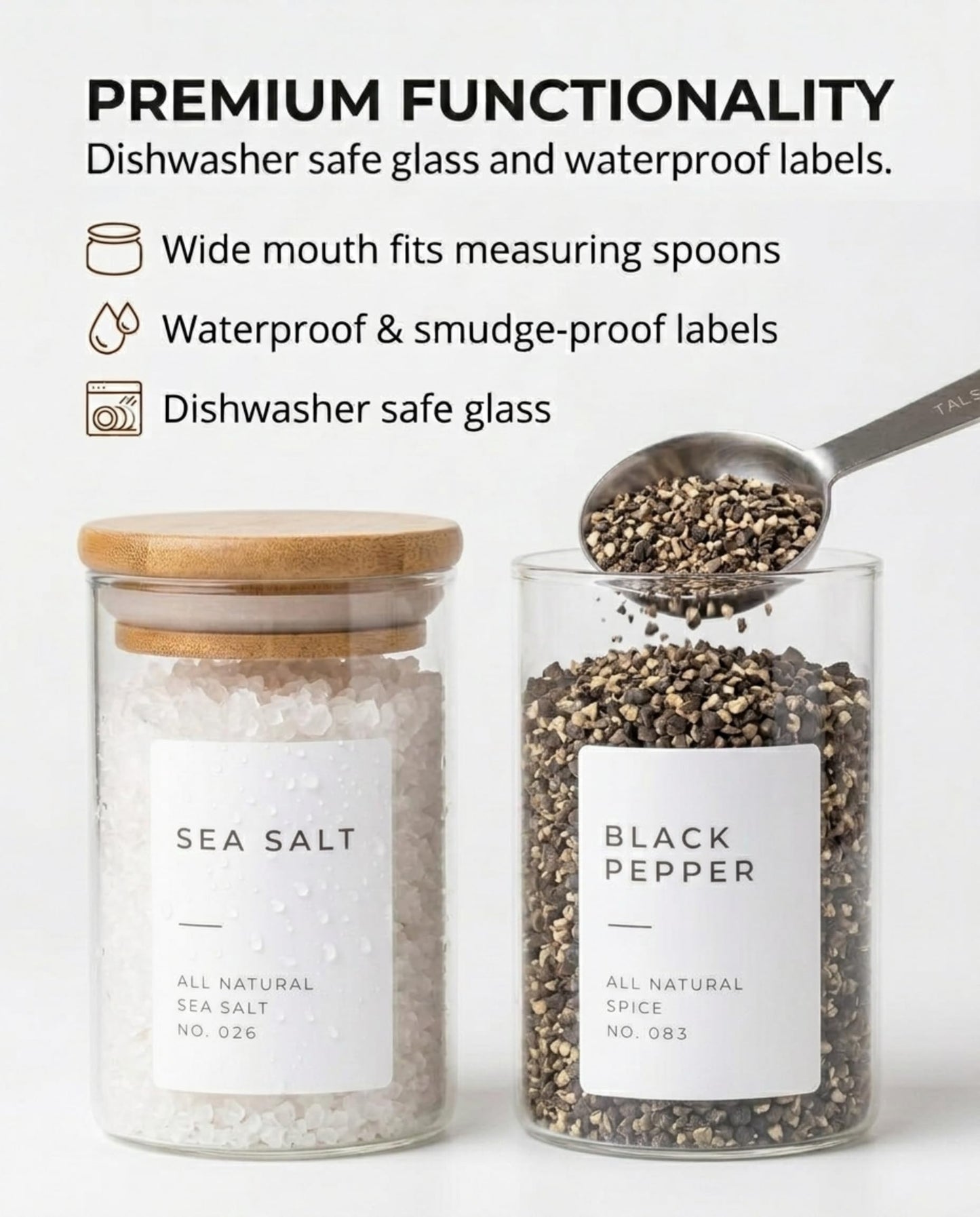 Bloomondo Glass Spice Jars with Label Pack (12x Bamboo Lid Glass Jar) Small 6oz Empty Spice Storage Bottles with 112 Printed Stickers and 48 Writable Pantry Labels for Seasoning Containers