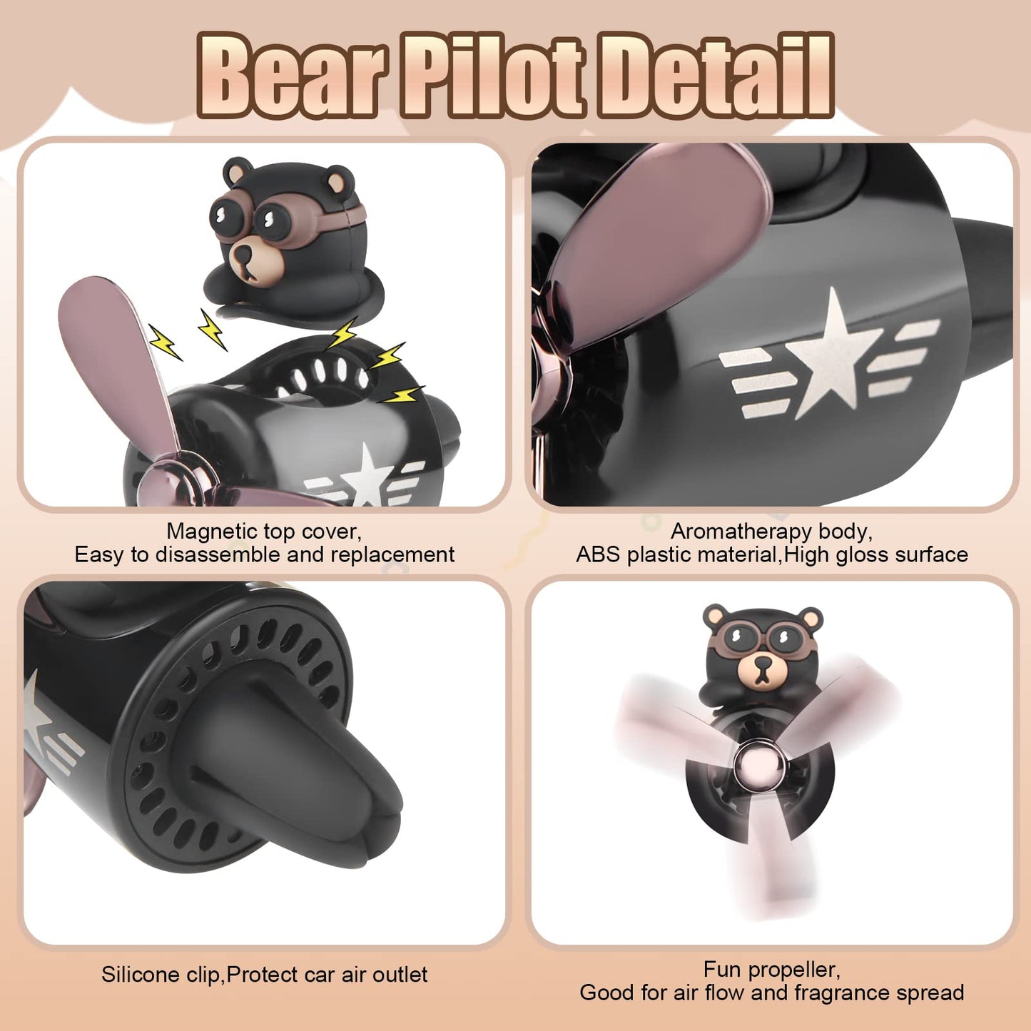 Car Air Freshener Cute Bear Pilot Halloween Car Perfume Diffuser Vent Clip Rotating Propeller Automobile Air Outlet Fan Aromatherapy Easter Halloween Gifts for Men Women(with 2 Incense Slices)