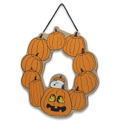 Peanuts Snoopy Jack-O-Lantern Halloween Wreath Hanging Wood Wall Decor - Fun Snoopy Halloween Sign for Home