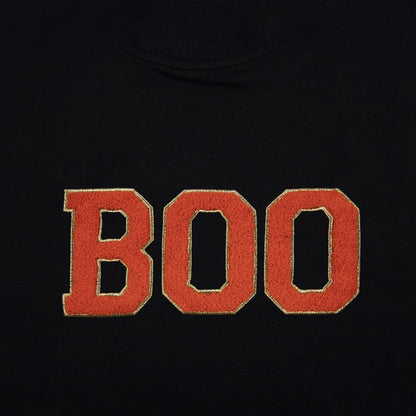 MYHALF Halloween Sweatshirt for Women Boo Embroidered Sweaters Cute Spooky Season Shirt Long Sleeve Fall Winter Pullover Tops Black