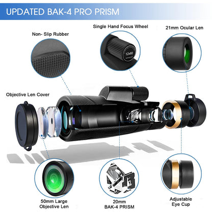 Birthday Gifts for Men Dad Husband Him Young, 12x60 Powerful Monocular Telescope with Phone Adapter & Tripod, SMC & BAK4 Prism, for Fathers Day, Hiking Gifts for Outdoors Lover