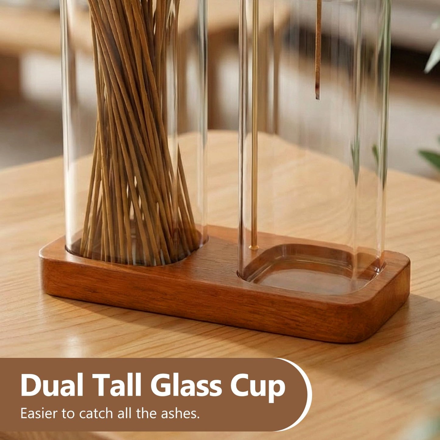 2-in-1 Incense Holder for Sticks with Dual Tall Glass Jars, Incense Burner with Glass Ash Catcher & Storage for Meditation Yoga Spa Room Home Decor