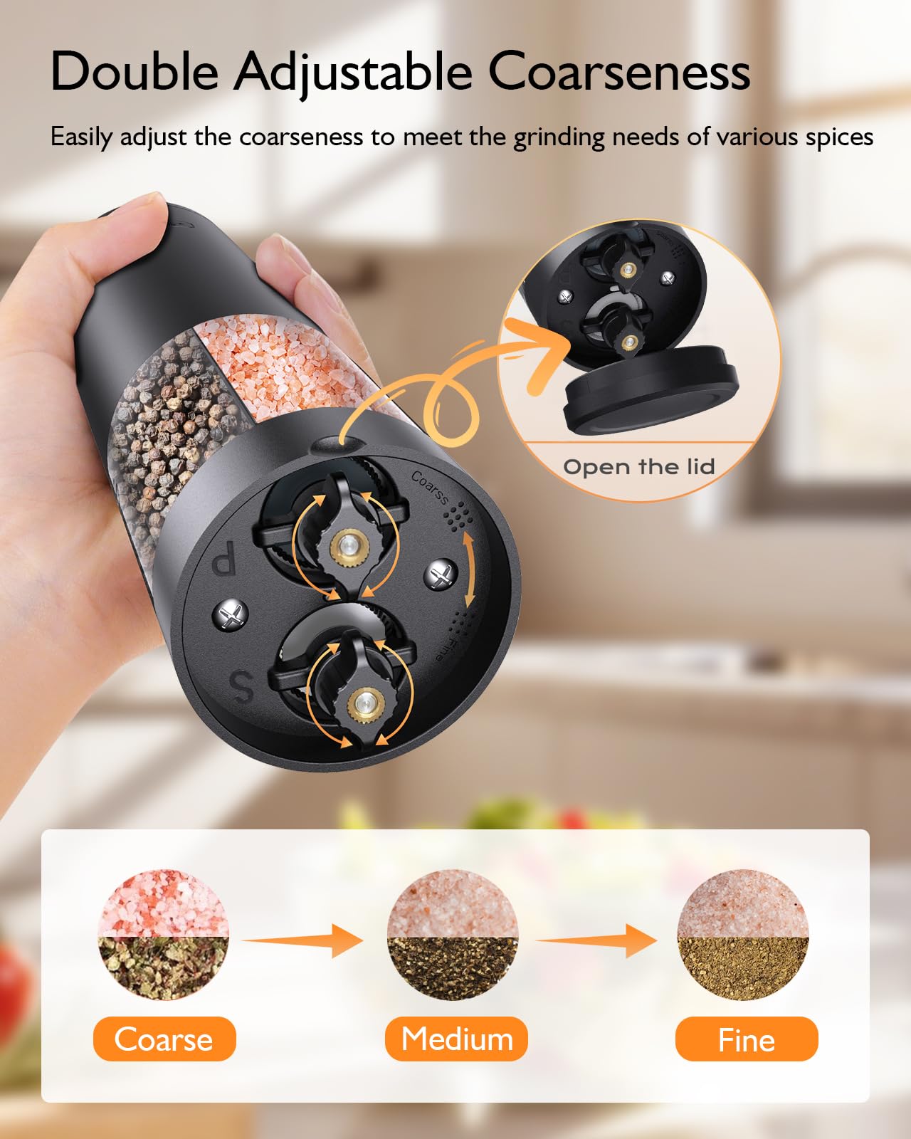 Electric Salt and Pepper Grinder Set, 2 in 1 Dual Bins USB Rechargeable Refillable Automatic Salt and Pepper Mill Shaker with LED Light, Dual Ceramic Grinder Adjustable Coarseness, kitchen gift, Black