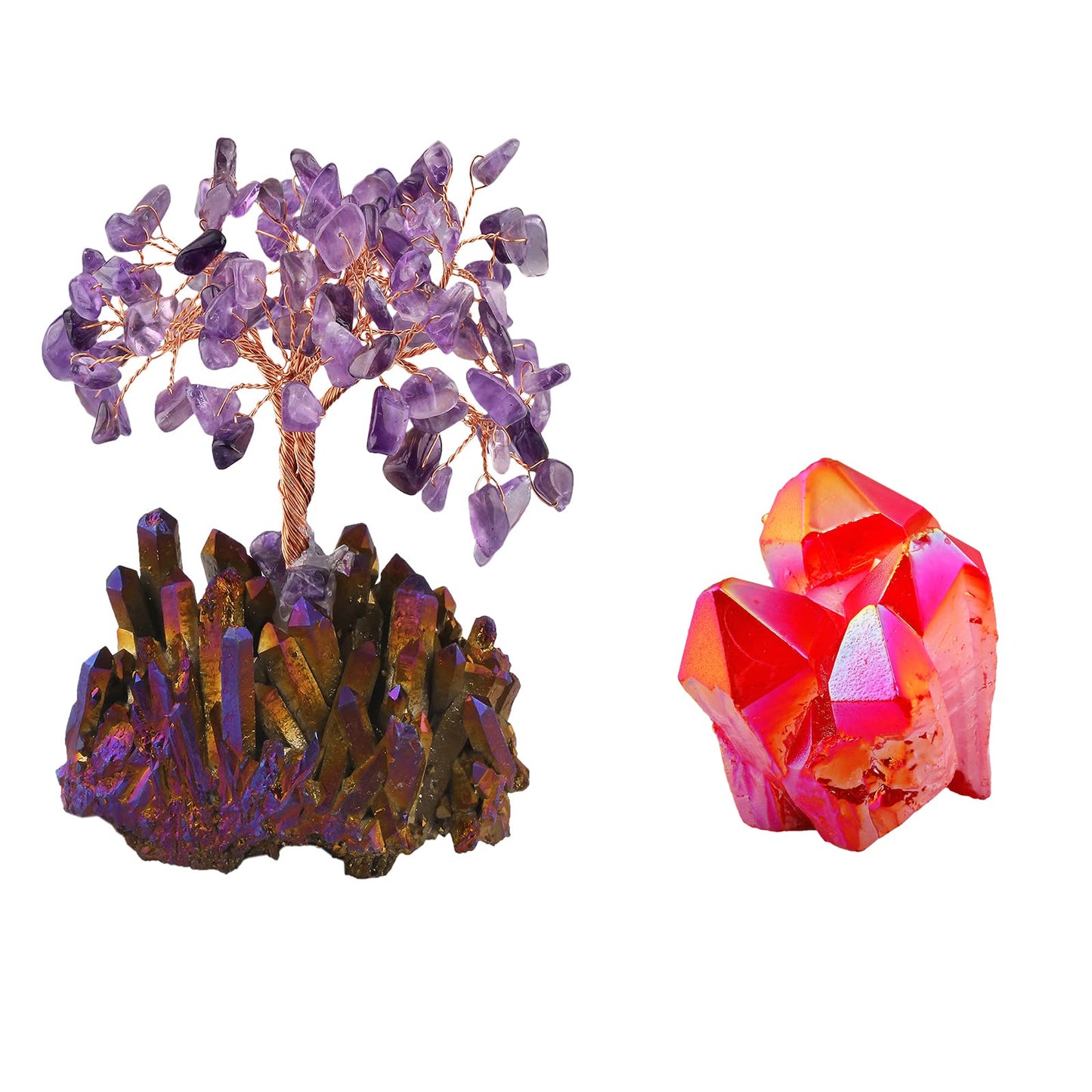 mookaitedecor Bundle - 2 Items: Amethyst Crystal Tree with Quartz Cluster Purple Titanium Crystals Base & Titanium Coated Natural Rock Crystal Cluster for Home Decor