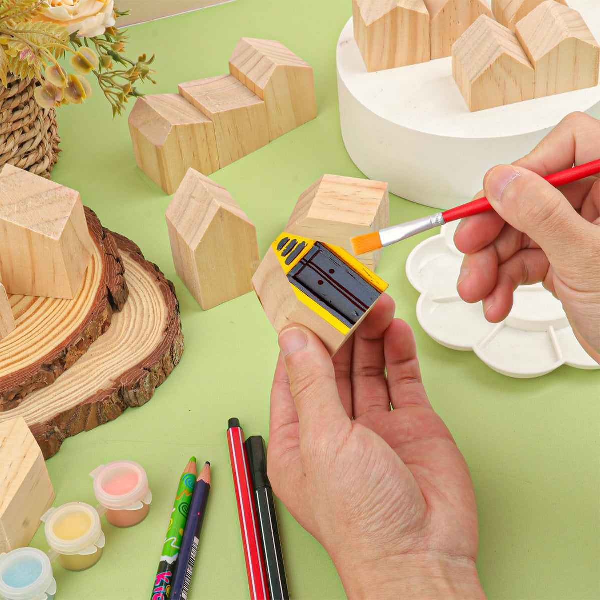 Yiksonyo 56 PCS Multi-Size Unfinished Wood House Shaped Blocks, Wooden Houses for Crafts, Arrow Shape Wood Blocks for DIY Projects, Home Decor, and Festive Occasions