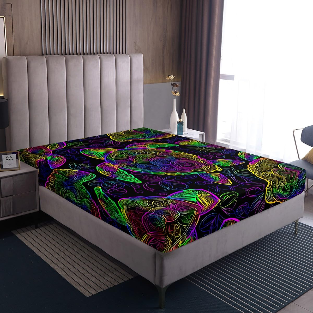 Feelyou Sea Turtle Fitted Sheet Ocean Creature Bed Sheet Set Sea Animal Bedding Boho Mandala Sheet Set Queen Size Includes 1 Sheets & 2 Pillowcases (No Flat Sheet)