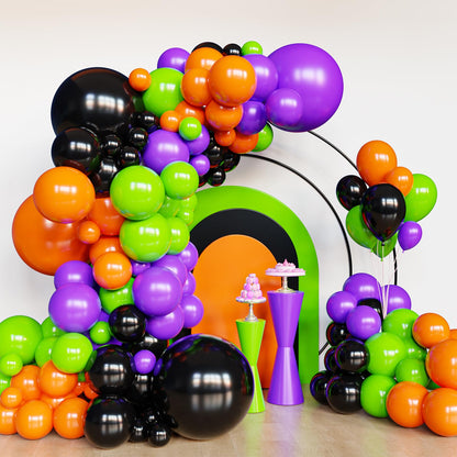 Lukiituke Halloween Balloon Garland Arch Kit, 134Pcs Black Orange Purple Lime Green Balloons, 4 Sizes Orange and Black Balloons for Halloween Theme Birthday Party Backdrops Decorations