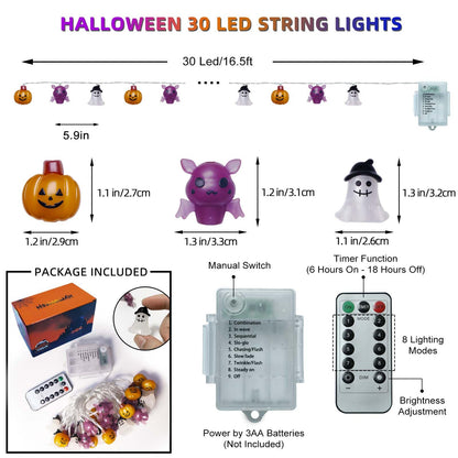 Halloween Bulb String Lights Decorations, Battery Operated Powerd 8.2 FT 12 LED Orange Purple White Skeleton Pumpkin Tombstone Spooky Cute Timer 8 Lighting Modes Twinkle Indoor Outdoor Window Decor