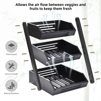 VIKEYHOME Fruit Basket, 3 Tier Bamboo Fruit Bowl for Kitchen, Fruit Vegetables Stand Storage Holder, Idea Home Kitchen Countertop Organizer